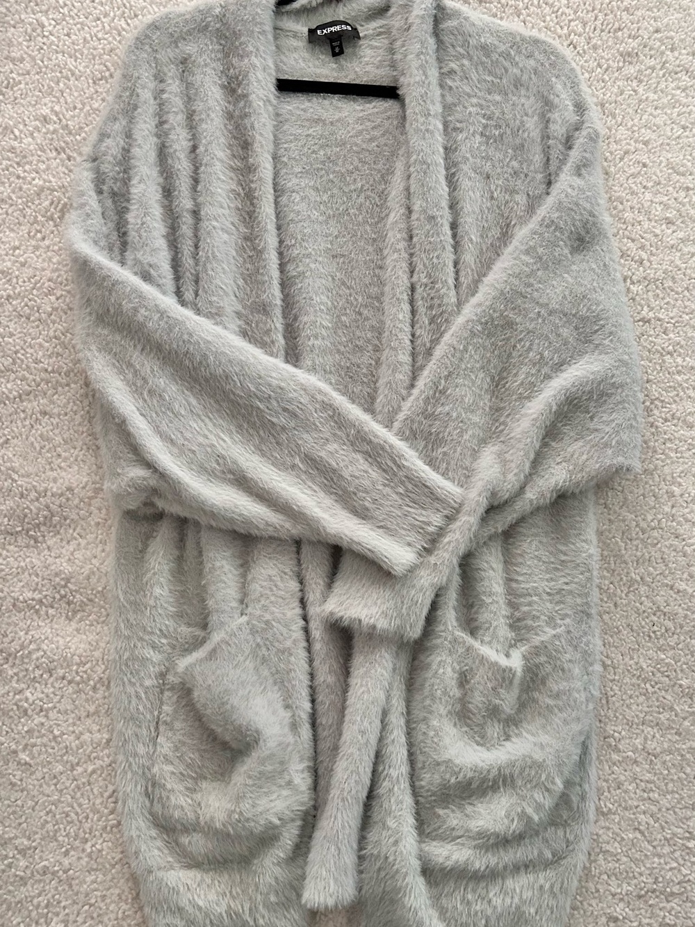 Express Light Gray Fuzzy Open-Front Cardigan M